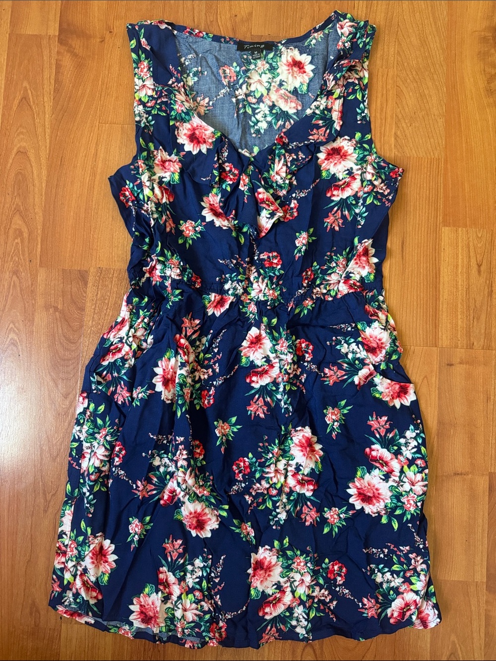 Floral Navy Sleeveless Summer Dress with Pockets